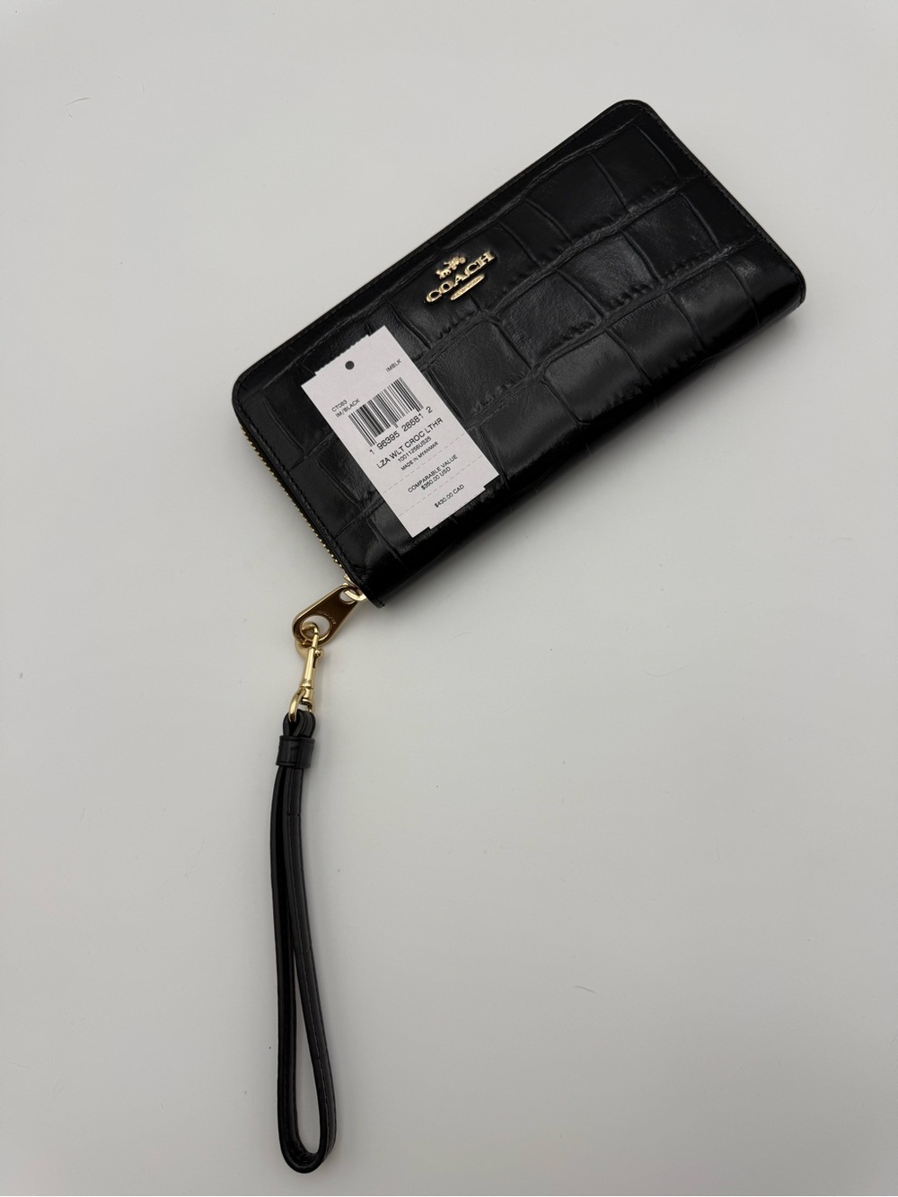 Coach Black Croc-Embossed Zip Wristlet with Gold Hardware